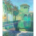 NICK WILLIAMS (MODERN) IMPASTO OIL ON CANVAS LAID ON BOARD Middle Eastern courtyard with palm