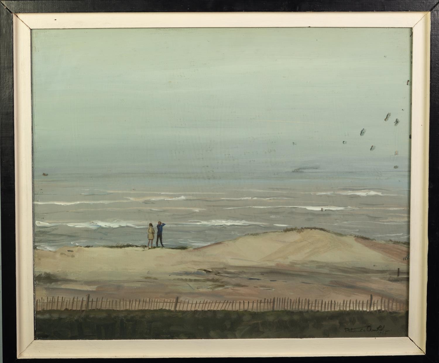 PATIENCE ARNOLD (1901 - 1992) GOUACHE ON PRIMED HARDBOARD Coastal scene with two figures gazing - Image 2 of 2