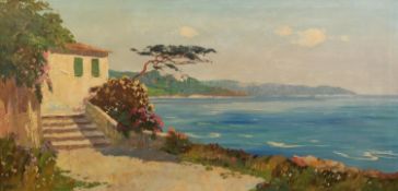 CORBET (TWENTIETH CENTURY) OIL PAINTING ON CANVAS Mediterranean coastal scene Signed 15 ¼? x 31? (