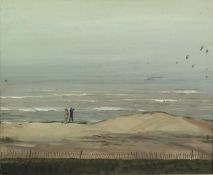 PATIENCE ARNOLD (1901 - 1992) GOUACHE ON PRIMED HARDBOARD Coastal scene with two figures gazing