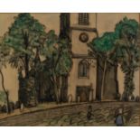 UNATTRIBUTED (EARLY TWENTIETH CENTURY) WATERCOLOUR Figures outside a church Unsigned 10 ½? x 13? (