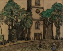 UNATTRIBUTED (EARLY TWENTIETH CENTURY) WATERCOLOUR Figures outside a church Unsigned 10 ½? x 13? (
