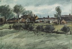 K.S.JAMES(?) , (TWENTIETH/ TWENTY FIRST CENTURY) PEN AND WASH DRAWING Landscape with buildings in