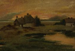 UNATTRIBUTED (NINETEENTH CENTURY) OIL PAINTING Landscape with cottages Unsigned 4 ¾? x 6 ¾? (12cm