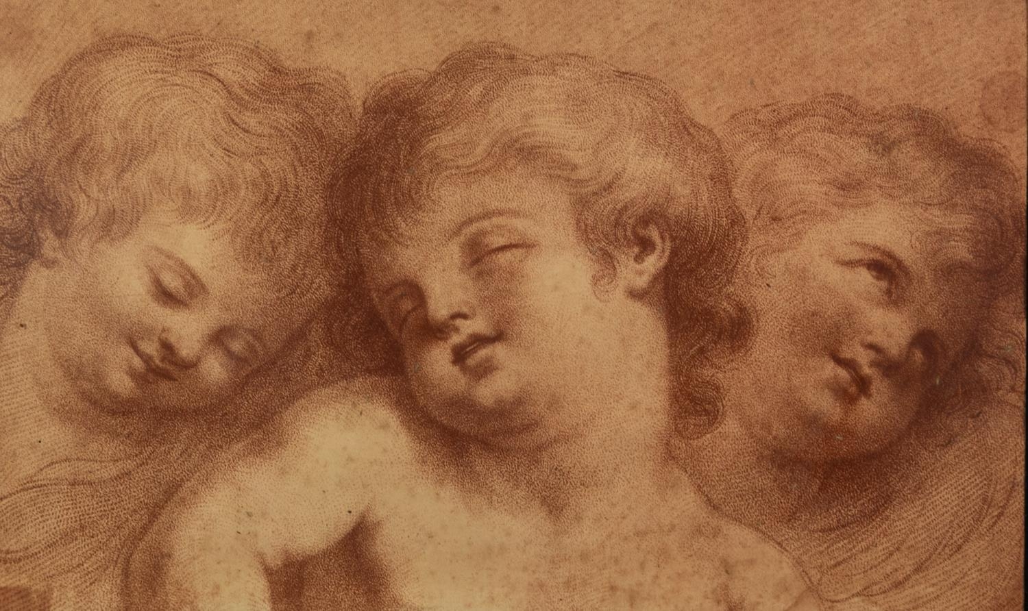 PROBABLY LATE 18th CENTURY STIPPLE ENGRAVING PRINTED IN BISTRE Three cherubic heads Contained in a