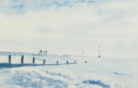 R.A. HEWITT (TWENTIETH/ TWENTY FIRST CENTURY) WATERCOLOUR IN BLUE ?Family on the Jetty? Initialled