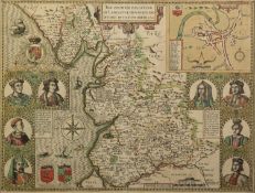 JOHN SPEED 1610 EDITION ENGRAVED AND HAND COLOURED MAP OF THE COUNTY PALATINE OF LANCASTER, 'To be