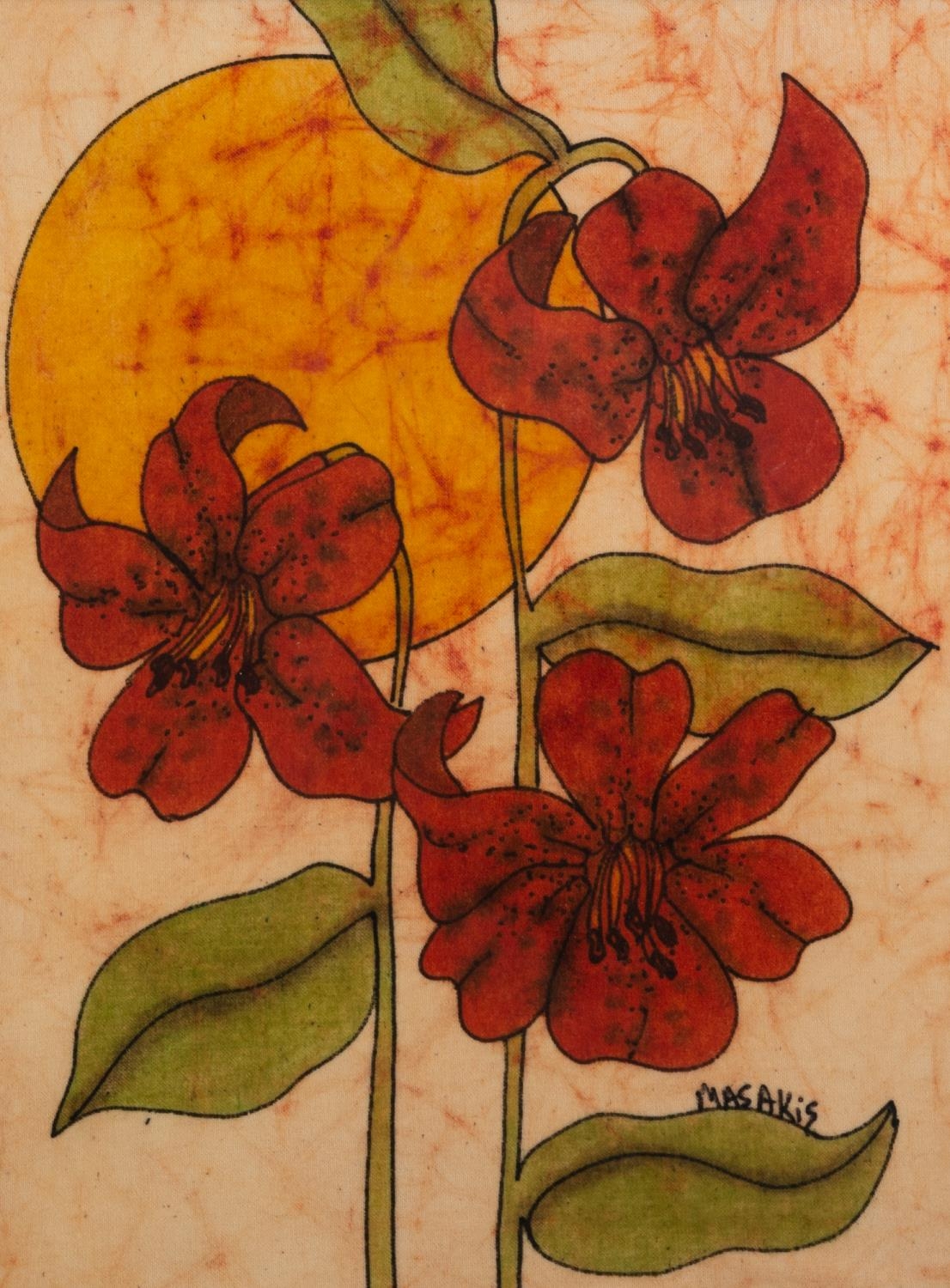 MASAKIS (TWENTIETH/ TWENTY FIRST CENTURY) PAIR OF BATIK PAINTINGS Stylised flowers Signed 13 ½? x - Image 3 of 3