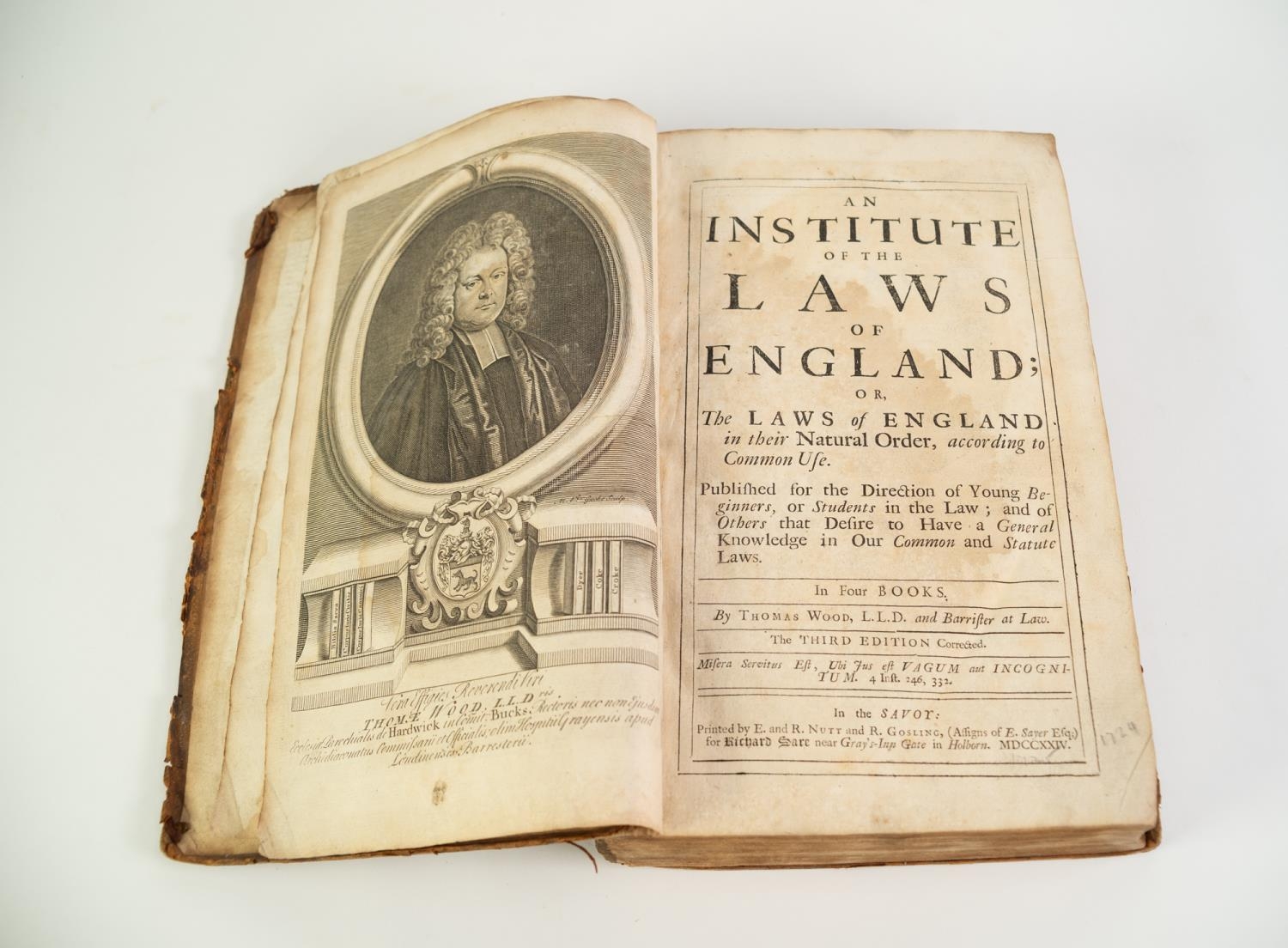 LAW LEGAL. Thomas Wood- An Institute of Laws of England, or the Laws of England in their Natural - Image 3 of 3