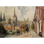 DAVID JOHN SWEETINGHAM (MODERN) WATERCOLOUR ?Salisbury cathedral from West Harnham Mill? Signed