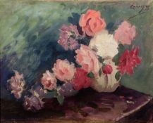 BRITISH SCHOOL (20th Century) OIL PAINTING ON CANVAS Study of roses in a vase Indistinctly signed