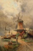 LOUIS VAN STAATEN (1836-1909) WATERCOLOUR Dutch riverside scene with barges and windmill Signed