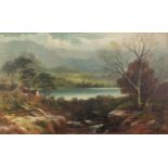 UNATTRIBUTED (NINETEENTH CENTURY) OIL ON CARD Highland lake scene with figure and cottage in the