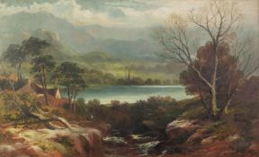 UNATTRIBUTED (NINETEENTH CENTURY) OIL ON CARD Highland lake scene with figure and cottage in the