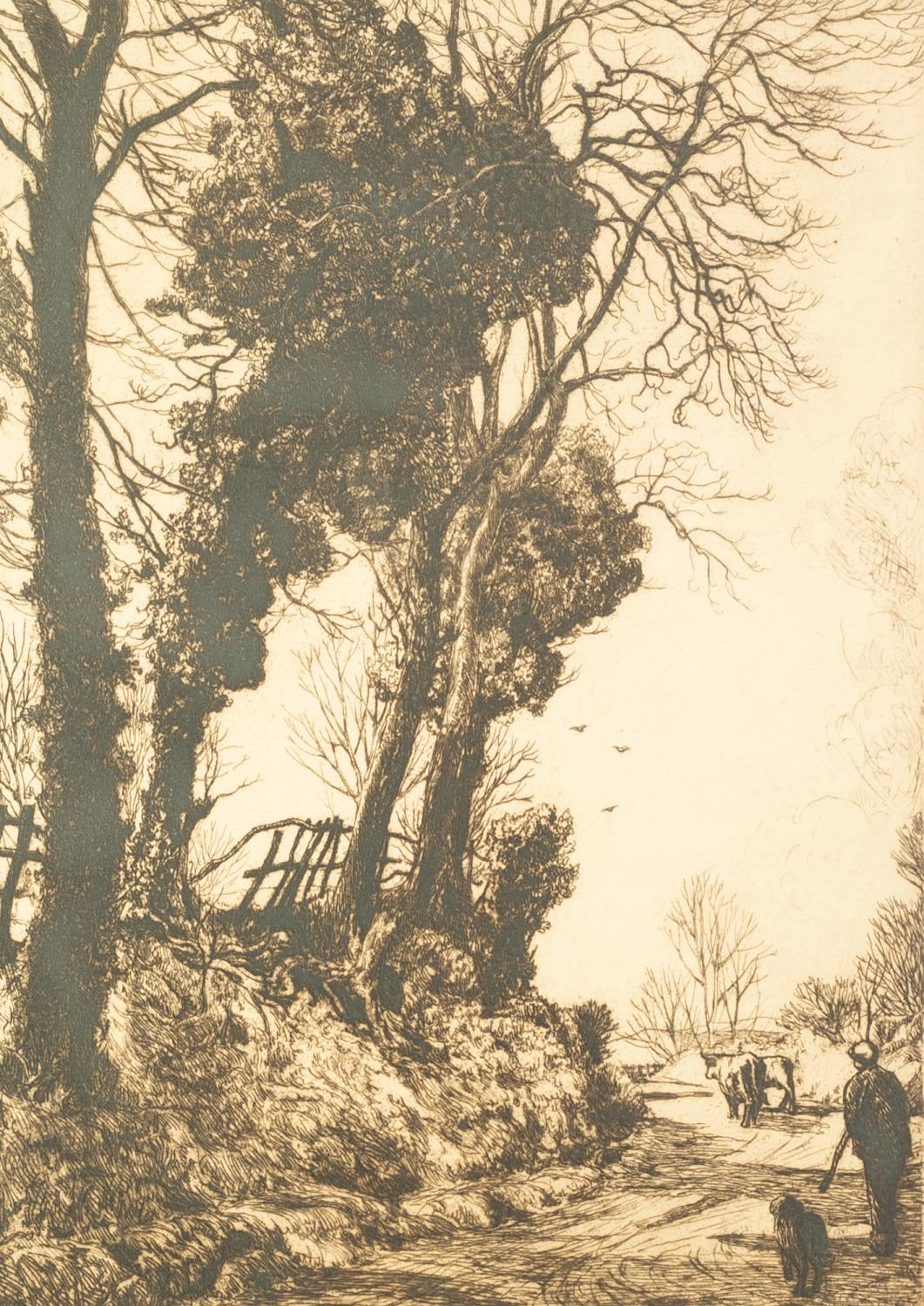 JOSEPH  KNIGHT (1837-1909)  ETCHING  Country lane with figure, dog and cows Signed in pencil  12"