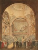 J. BLUCK AFTER ROWLANDSON AND PUGIN  HAND COLOURED AQUATINT  'Common Council Chamber, Guildhall'