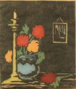 MURIAL A. NOBLE  HAND COLOURED WOODBLOCK PRINT Still  life with flowers in a vase Signed and dated