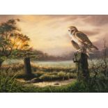 ADRIAN C. RIGBY (b.1962) WATERCOLOUR Sunset lake scene with barn owl in the foreground Signed