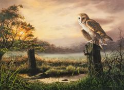 ADRIAN C. RIGBY (b.1962) WATERCOLOUR Sunset lake scene with barn owl in the foreground Signed