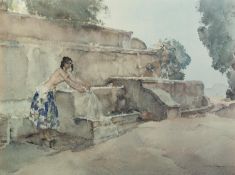 W. RUSSELL FLINT ARTIST SIGNED COLOUR PRINT Semi-clad female figure at a washing well Guild blind