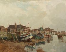 COX (TWENTIETH CENTURY) OIL ON BOARD Harbour scene at low tide Signed 16? x 19 ¾? (40.6cm x 50.1cm)