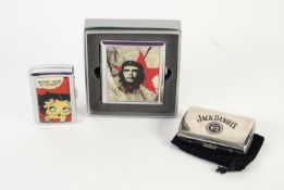 THREE METAL POCKET CIGARETTE CASES, comprising: ?CHE?, ?BETTY BOOP?, both boxed, and ?JACK