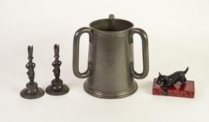 LARGE VINTAGE GLASS BOTTOM PEWTER TYG, with worn latin instription and monograms, 7 1/2" (19cm)