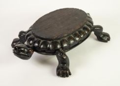 19th CENTURY CARVED AND EBONISED WOOD TURTLE PATTERN HATPIN CUSHION BASE OR FOOTSTOOL, with ivory