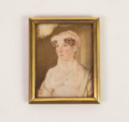 EARLY 19th CENTURY RECTANGULAR PORTRAIT MINIATURE OF A YOUND LADY, wearing a white lace bonnet, a