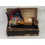 VICOTORIAN WOODEN DOME TOPPED TRUNK containing Victorian and later board games, playing cards,