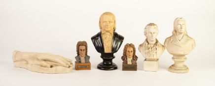 THREE PLASTER COMPOSITION BUSTS OF COMPOSERS, including; Listz, Schumann and Mozart, the largest 8