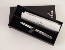 ARDIER MODERN STAINLESS STEEL CASED LIMITED EDITION FOUNTAIN PEN, the clip set with .46ct tanzanite,