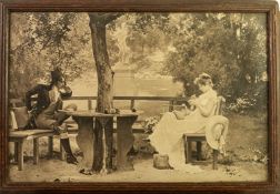 OBLONG TABLE TRAY OR STAND, the glazed top over black and white photogravure, lady and gallant in