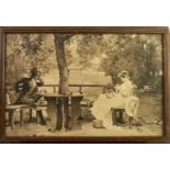 OBLONG TABLE TRAY OR STAND, the glazed top over black and white photogravure, lady and gallant in