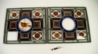 PAIR OF SMALL HAND PAINTED LEADED AND GLAZED SMALL SQUARE PANELS, one only now centred with