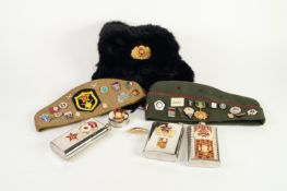 RUSSIAN MILITARY TYPE KHAKI FABRIC FORAGE HAT AND SIMILAR GREEN HAT with red piping applied with