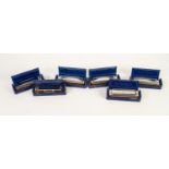 SIX BOXED HOHNER 'BLUE HARP' HARMONICAS' each in blue hard plastic case, in various keys viz B, F,