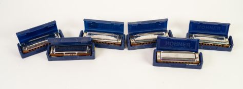 SIX BOXED HOHNER 'BLUE HARP' HARMONICAS' each in blue hard plastic case, in various keys viz B, F,