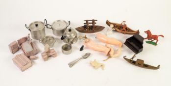 SELECTION OF CIRCA 1930's DOLLS HOUSE ACCESSORIES, including; three aluminium pans and teapot with
