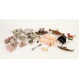 SELECTION OF CIRCA 1930's DOLLS HOUSE ACCESSORIES, including; three aluminium pans and teapot with