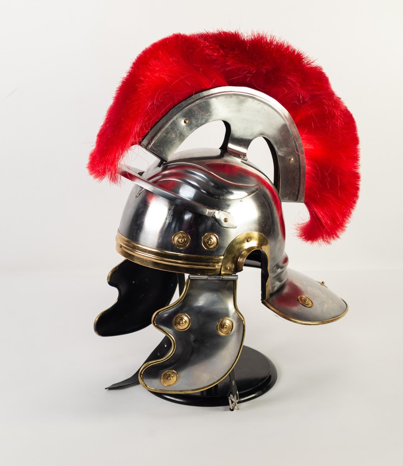 MODERN REPLICA OF A ROMAN LEGIONARY STEEL PLUMED HELMET, on stand