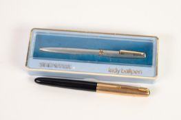PARKER 51 FOUNTAIN PEN, black with 12ct rolled gold top (dented) and a SHEAFFER 'LADY BALLPEN',
