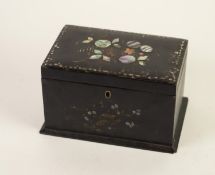 VICTORIAN BLACK LACQUERED PAPIER MACHE TWO DIVISION TEA CADDY, with floral painted and mother of