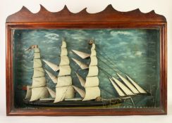 19th CENTURY HALF-HUL MODEL OF A CLIPPER SHIP UNDER FULL SAIL, against a sea and sky background,