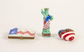 THREE MODERN LIMOGES PORCELAIN, AMERICAN MARKET, BOXES, one in the form of the Statue of Liberty,