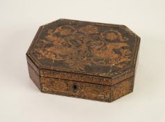 REGENCY PEN WORK DECORATED BOX depicting two mythical birds and foliate scrolls, oblong with