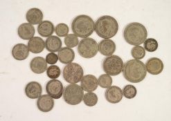 FORTY THREE GEORGE V SILVER COINS, ALL SHOWING DEGREES OF WEAR, viz four HALF CROWNS, 1920, 1923,