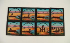 NUMBERED SET OF EIGHT TWENTIETH CENTURY COLOURED MAGIC LANTERN SLIDES OF COMIC CHARACTER JING JING