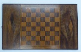19th CENTURY LARGE WALNUT AND PARQUETRY DOUBLE SIDED PANEL AS A CHESSBOARD with a backgammon board