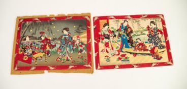 SMALL EARLY TWENTIETH JAPANESE WOOD BLOCK PRINT, interior with family exchanging gifts, border